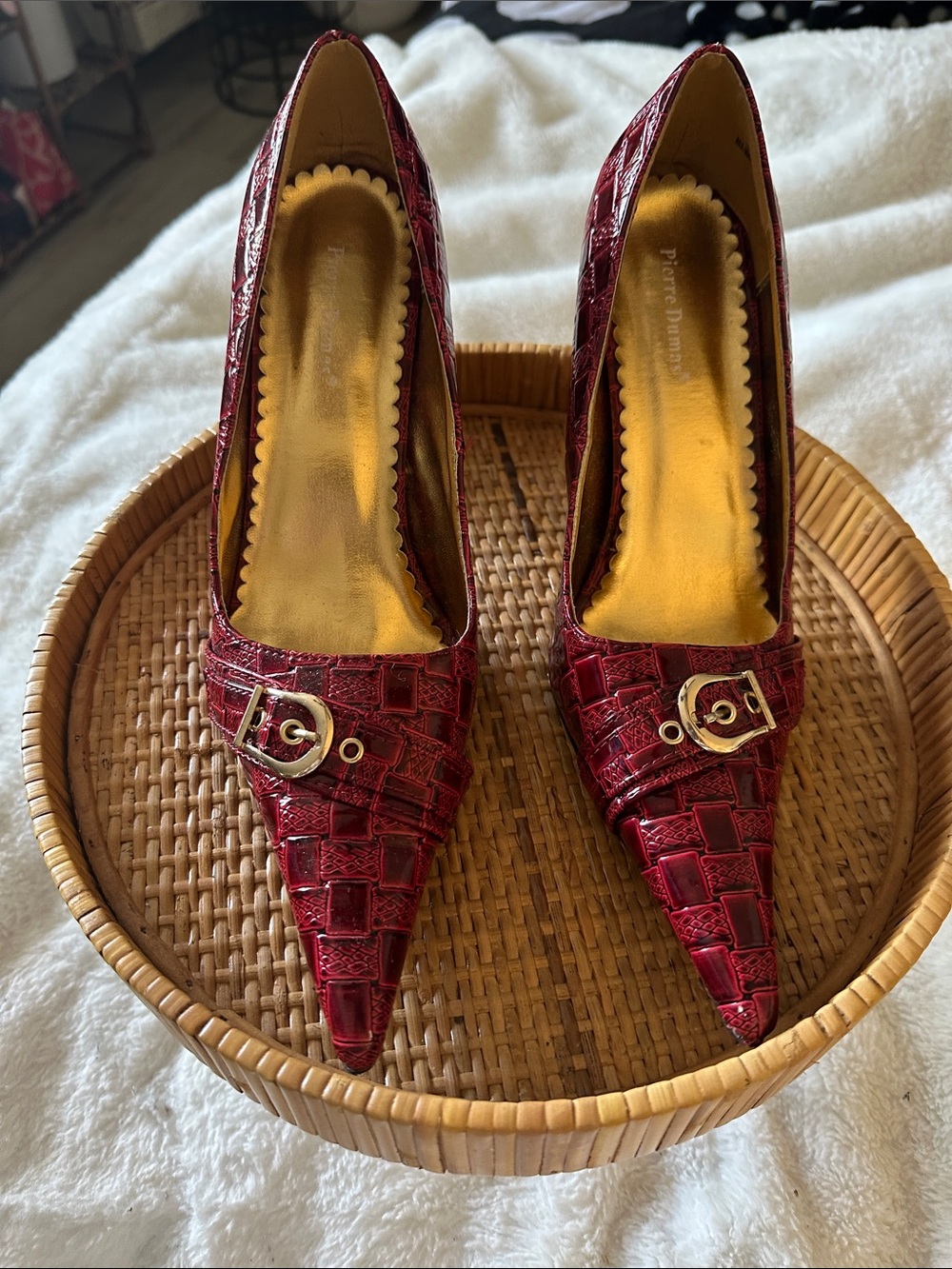 Pierre Dumas Burgundy Croc-Embossed Pointed Toe Pumps with Gold Buckle